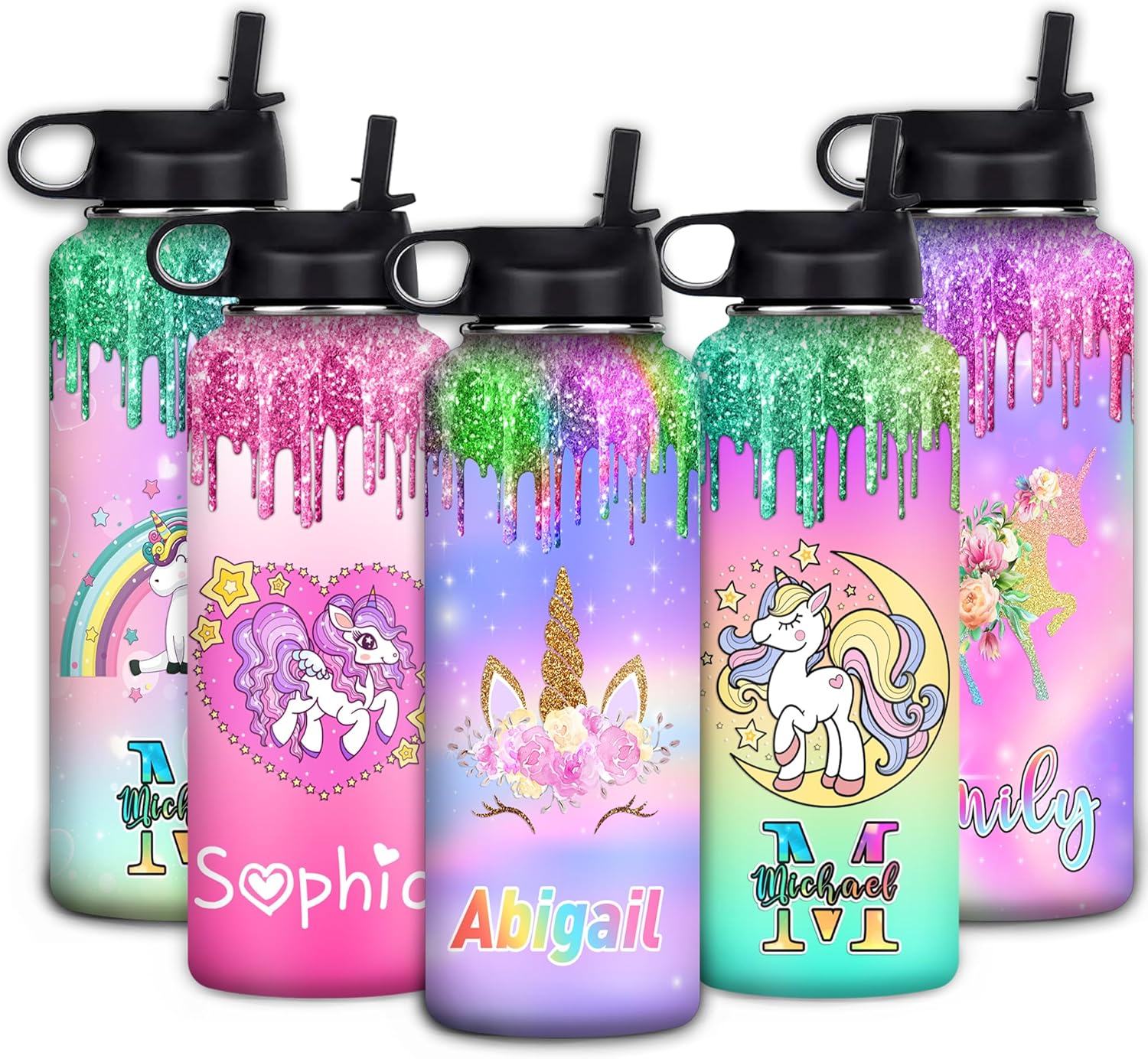 M YESCUSTOM Botellas de agua personalizadas para niñas con nombre, múltiples botellas de acero inoxidable personalizadas de 18 onzas  32 onzas para