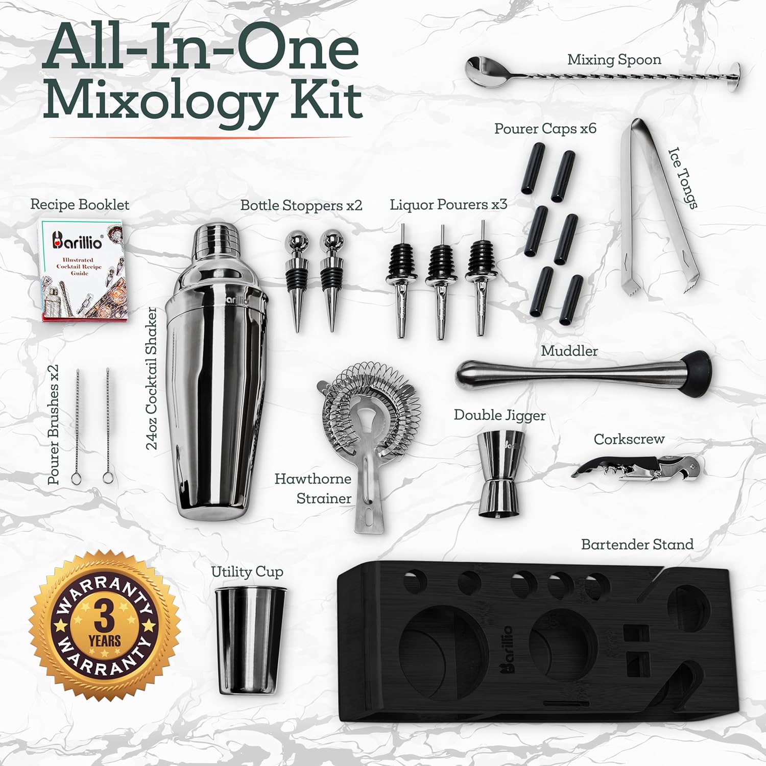Barillio juego de mezclador de coctelería Black Mixology Bartender Set de mezclador de bebidas con herramientas de barra, mezclador, cuchara