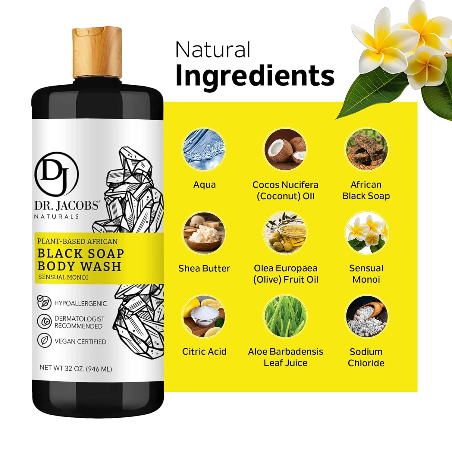 Dr Jacobs Naturals Auténtico jabón líquido africano negro, lavado facial hidratante todo en uno, gel de baño corporal para piel sensible, champú y