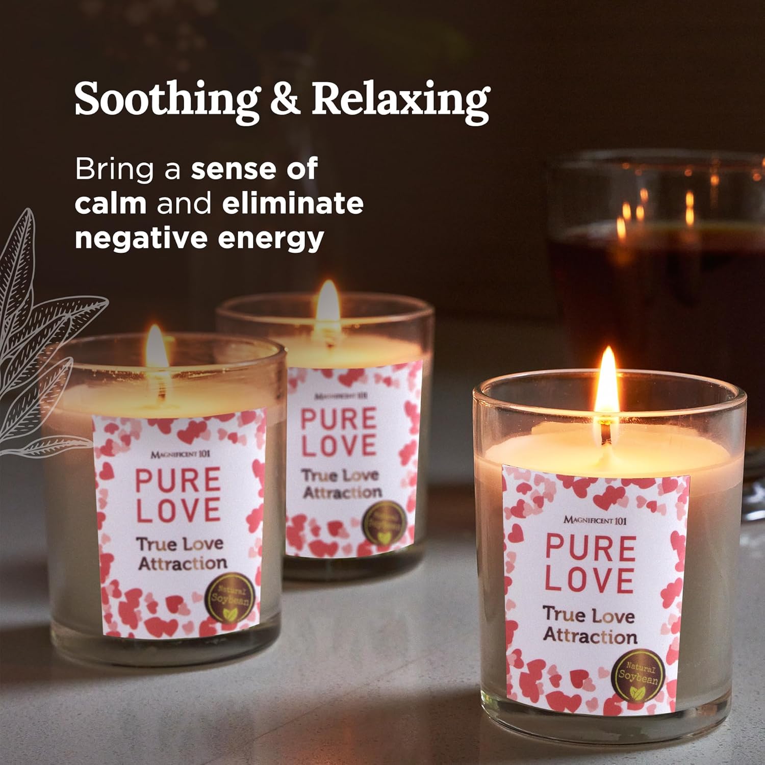 Magnificent 101 Pure Love – Juego de 3 velas de aromaterapia para una verdadera atracción amorosa, 3.5 onzas cada cera de soja natural, 42 horas de