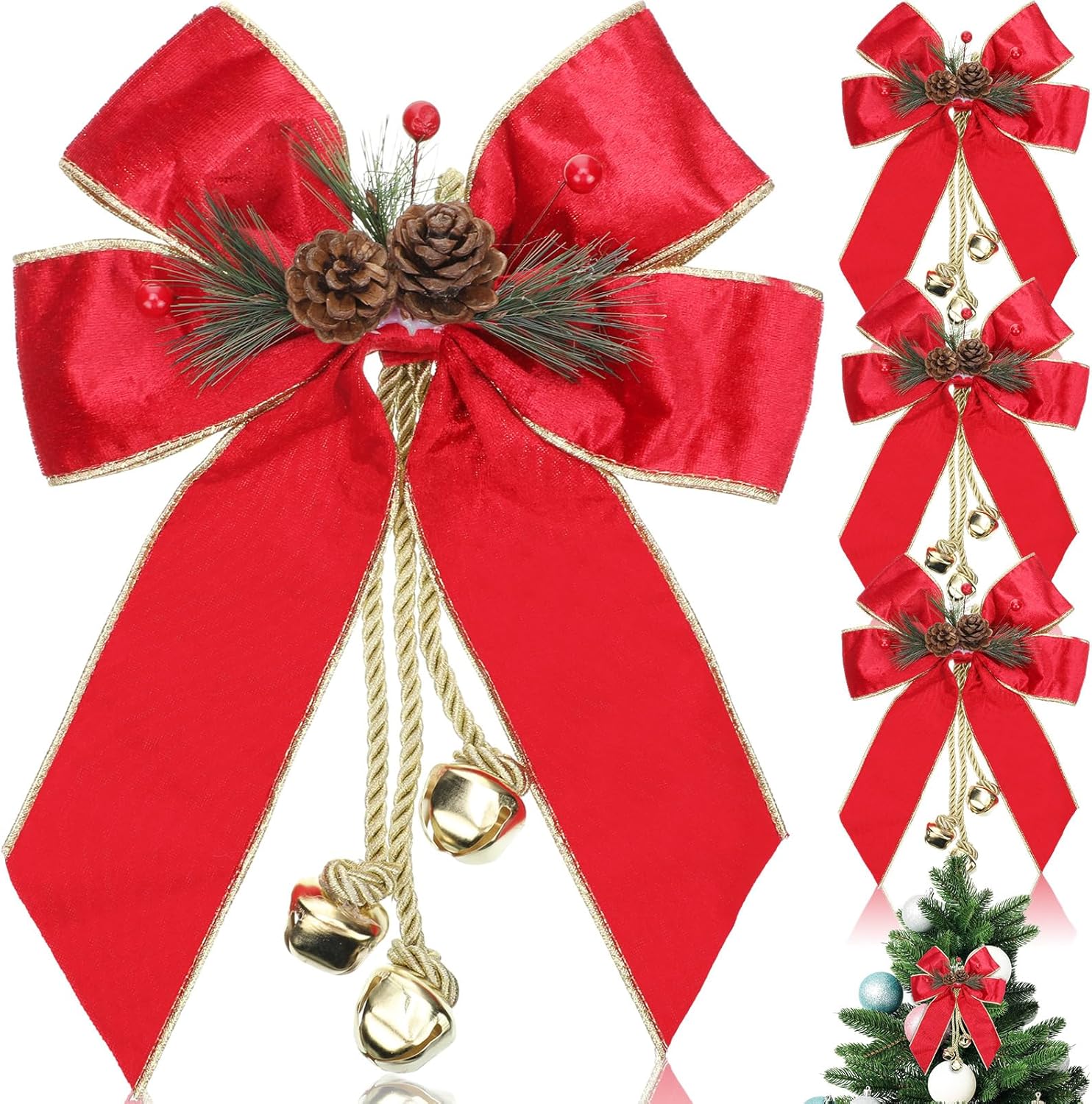 Yinkin 4 lazos de corona de Navidad con cascabeles de 11 x 7.8 pulgadas, lazo de terciopelo con cono de pino, adornos colgantes para el hogar,