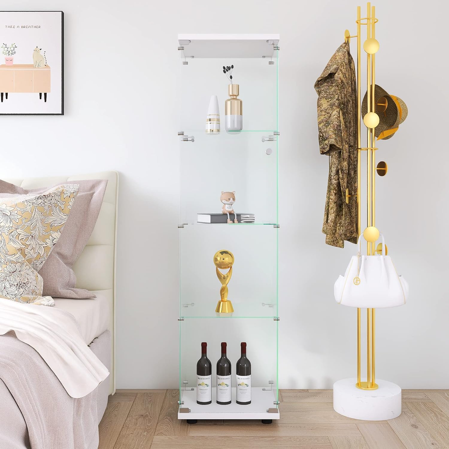 Fulocseny Gabinete de puerta de vidrio transparente de 4 niveles con puerta, fácil de instalar, vidrio templado sólido, vitrina de la colección