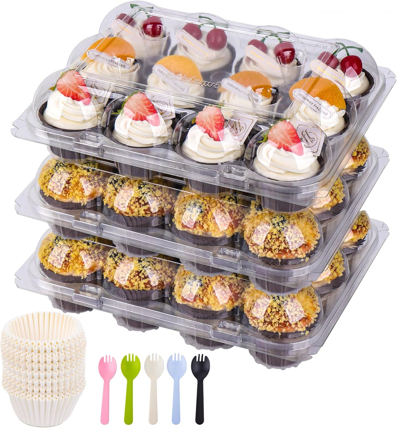 AUKUS (12 paquetes de 12 juegos de recipientes para cupcakes, soportes para cupcakes, cúpula profunda, desechables transparentes con 150 forros para