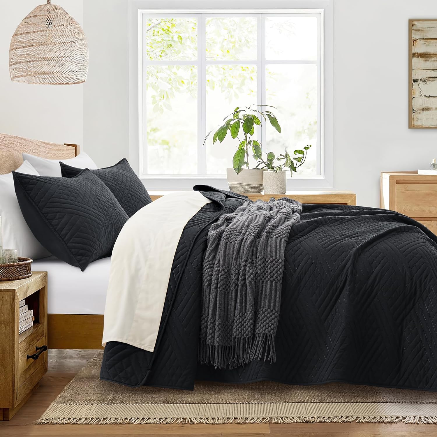 Lavsiry Edredón negro Queen con patrón de rayas, juego de ropa de cama delgado ligero de verano, colcha y colcha de microfibra suave para todas las