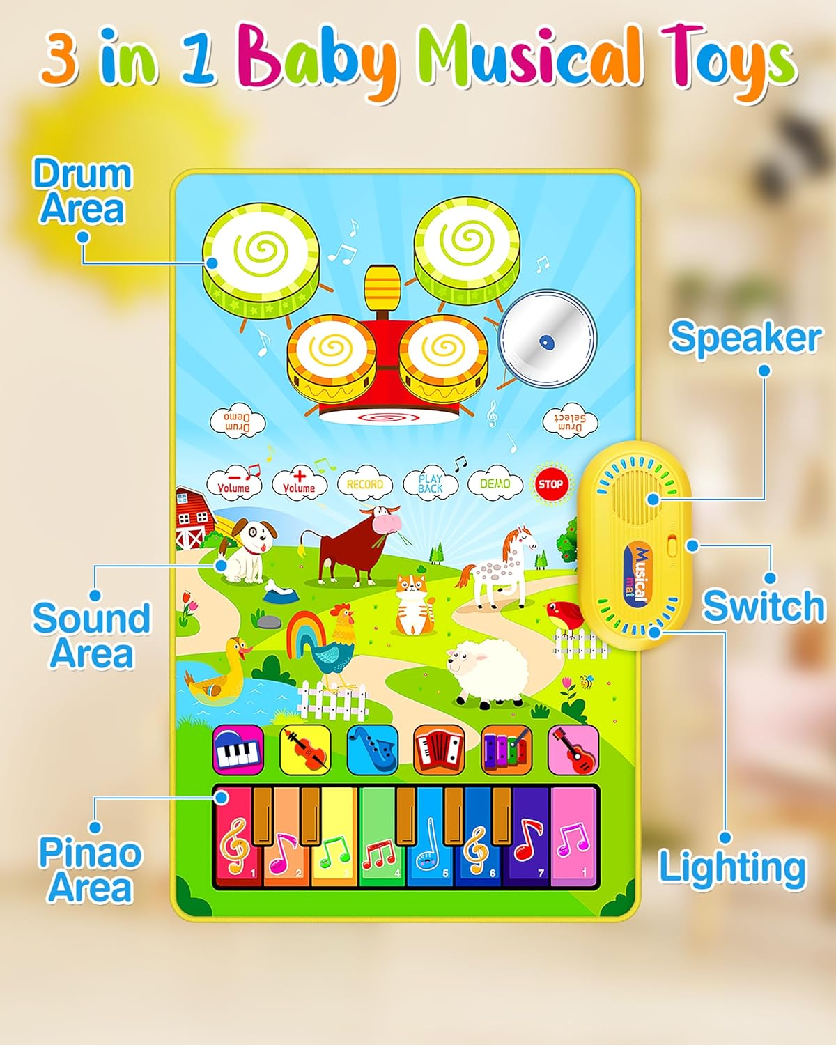 Vanmor Tapete musical para niños pequeños, juguetes musicales, teclado de piano y tapete de batería con 2 palos, manta de animales, almohadillas