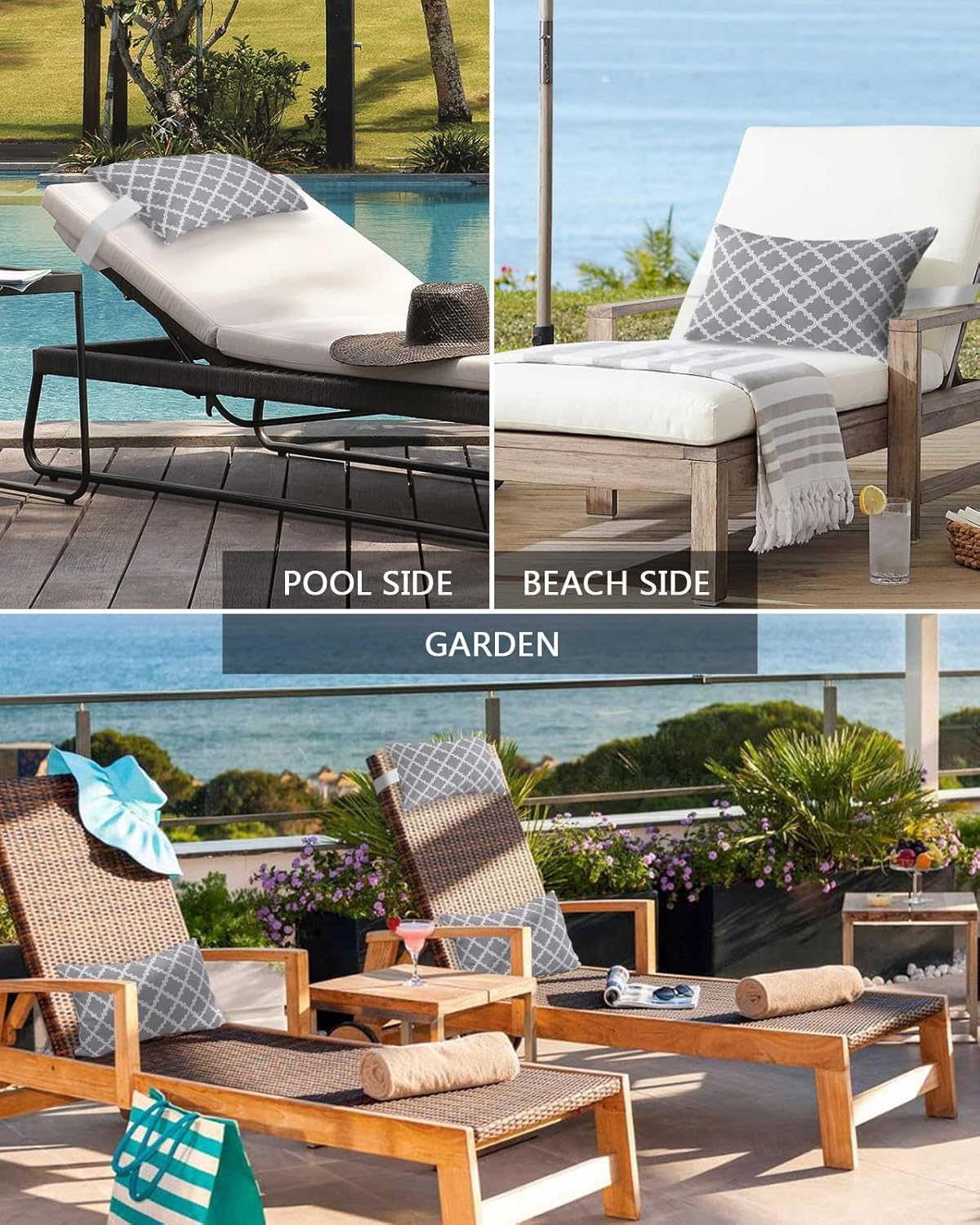 Almohada de exterior para tumbona, diseño marroquí gris, impermeable, para reposacabezas con inserto y correa elástica ajustable para playa,