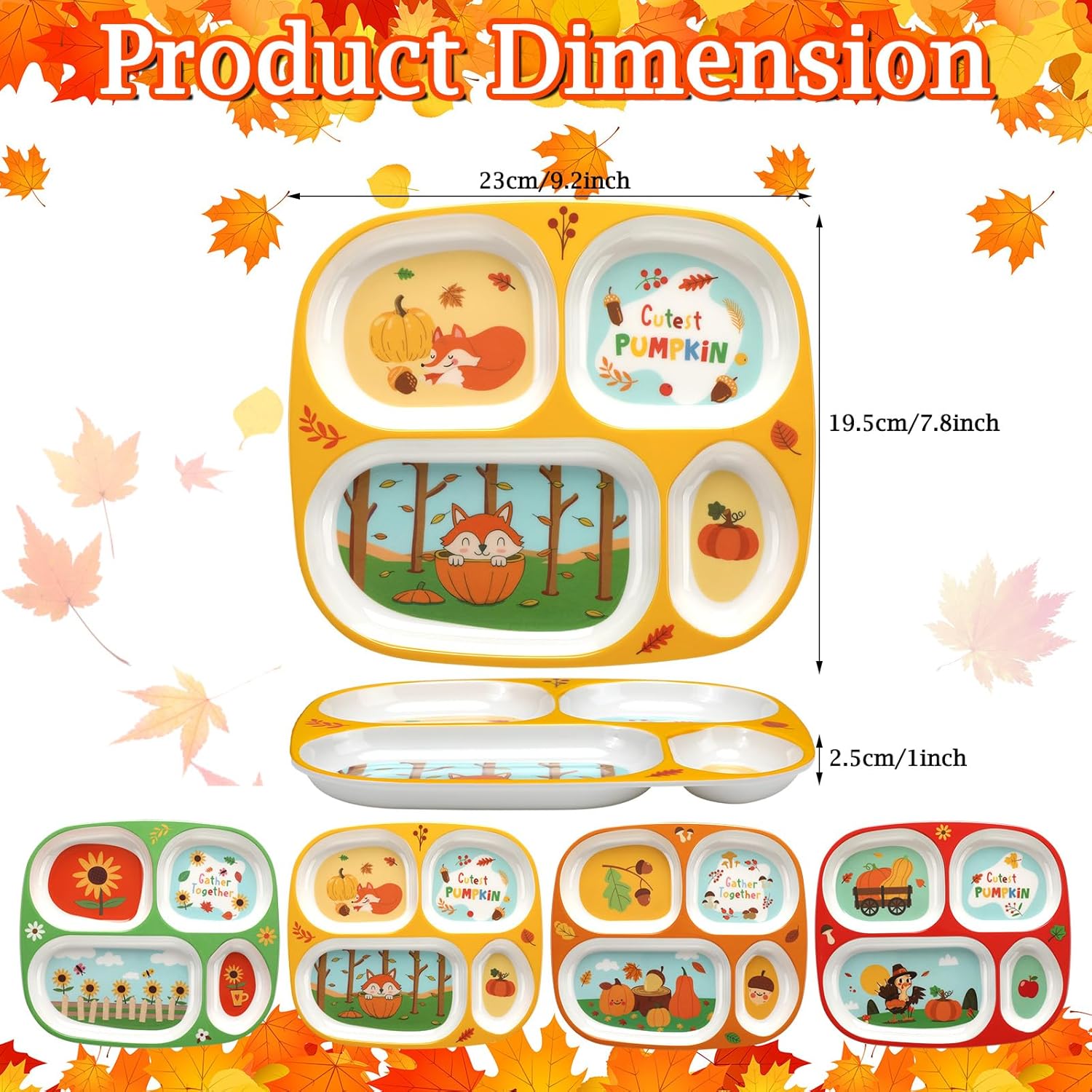 Suttmin Juego de 8 platos divididos de otoño para niños, platos divididos de otoño para niños, platos de plástico a granel con temática de Acción de