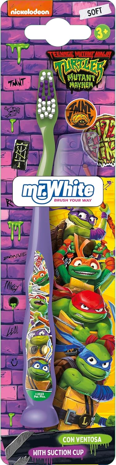 Mr.White Cepillo de dientes manual de las Tortugas Ninja con licencia oficial perfecto para niños de 3 años con ventosa y tapa de viaje, cerdas