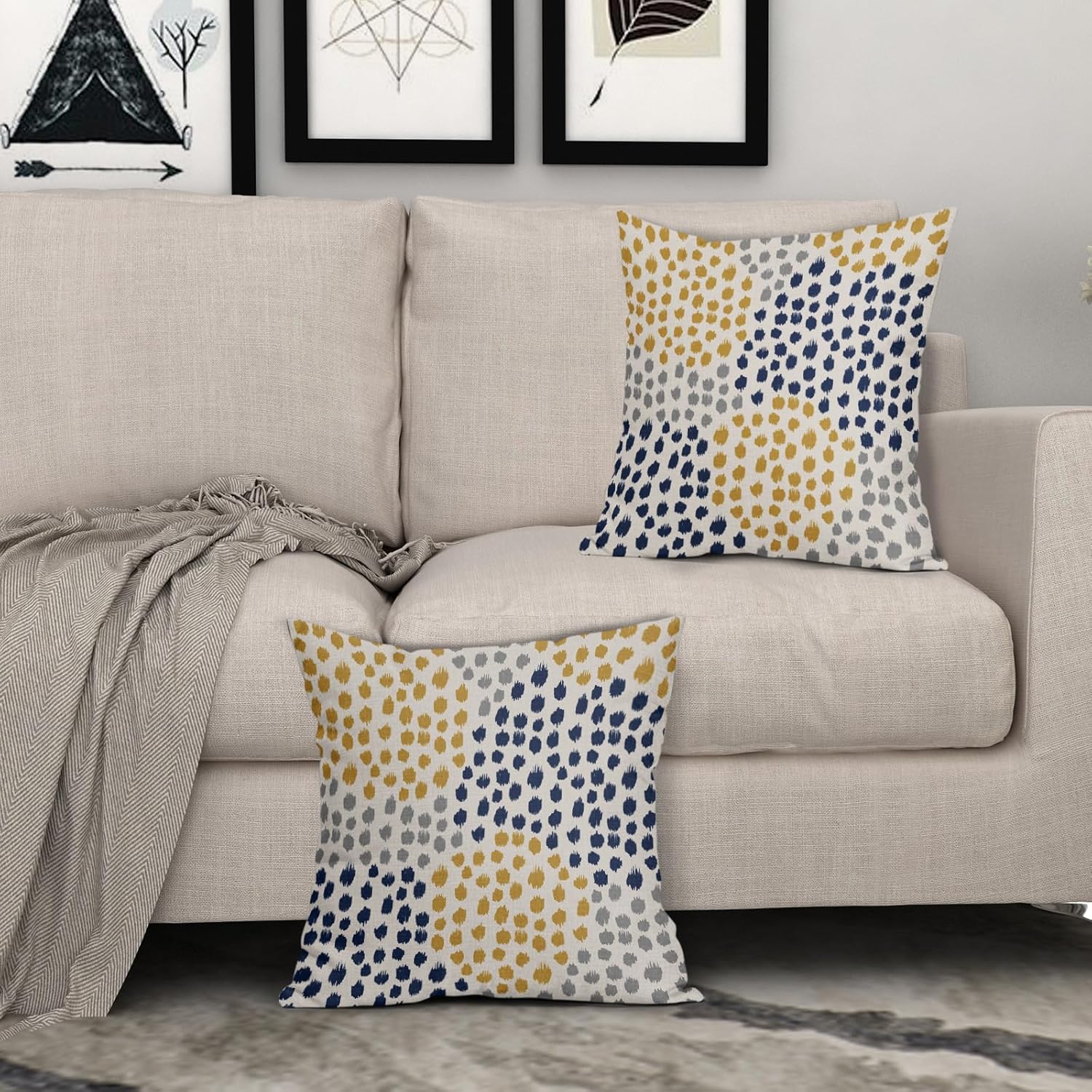 Juego de 2 fundas de almohada azules y amarillas de 18 x 18 pulgadas, diseño bohemio, diseño de lunares grises, arte moderno, estampado moderno,