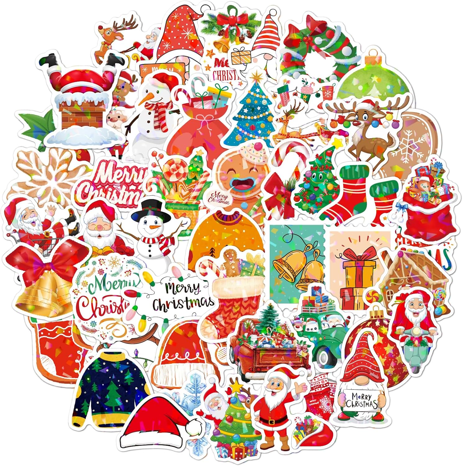 50 calcomanías de Navidad, calcomanías holográficas con temática navideña, calcomanías navideñas para niños y adultos, calcomanías de vinilo