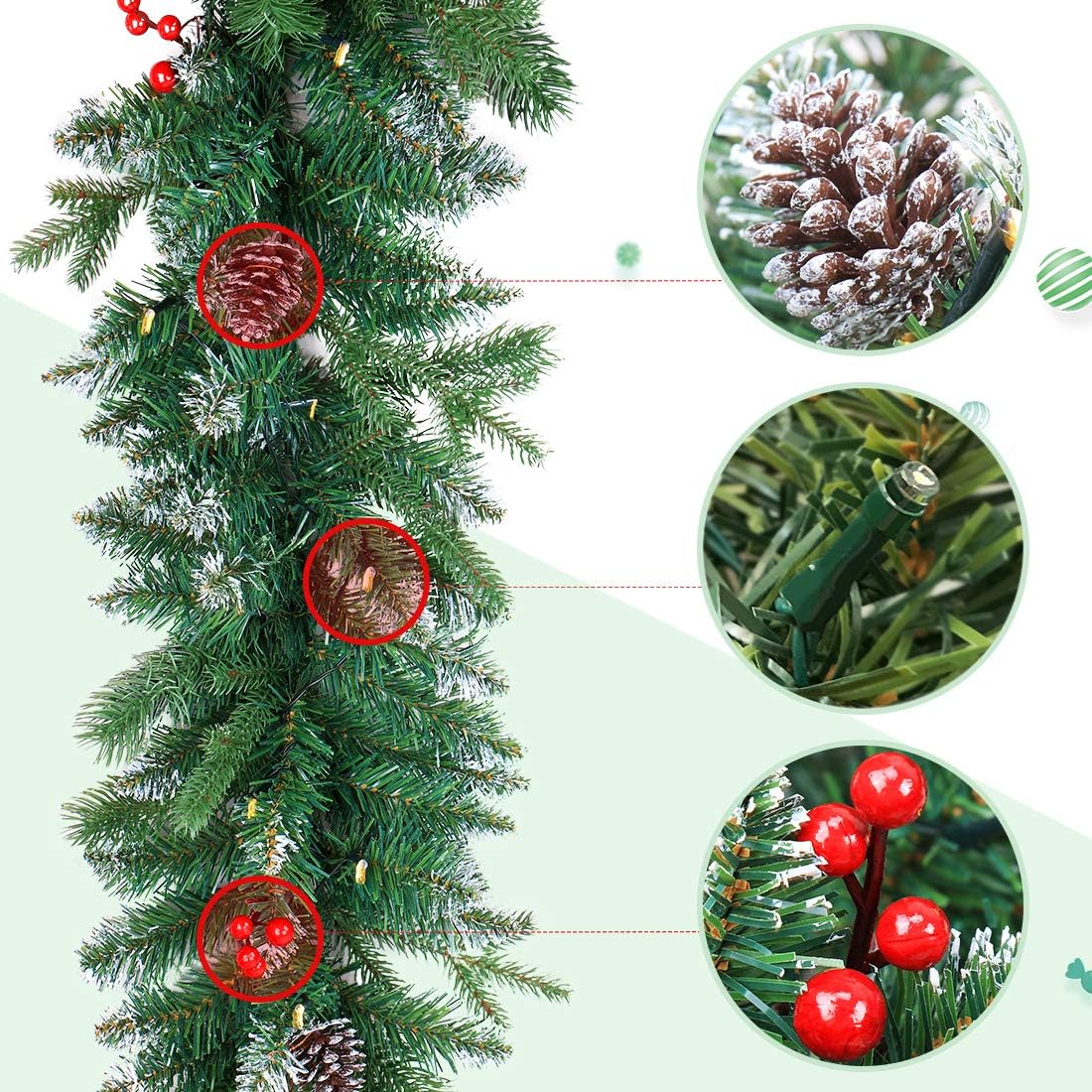Guirnalda de Navidad artificial preiluminada de 9 pies, decoración de Navidad para interiores y exteriores, guirnalda con temporizador que funciona