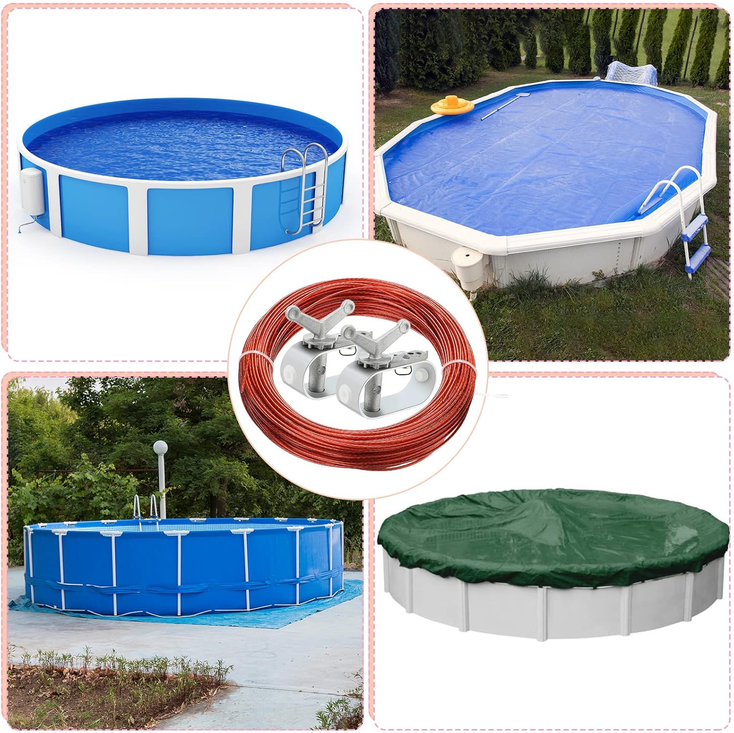 Juego de 2 cubiertas de piscina para cabrestante y cable para cubierta de piscina, cable de 4 piezas, cabrestante para cubiertas de piscina sobre el