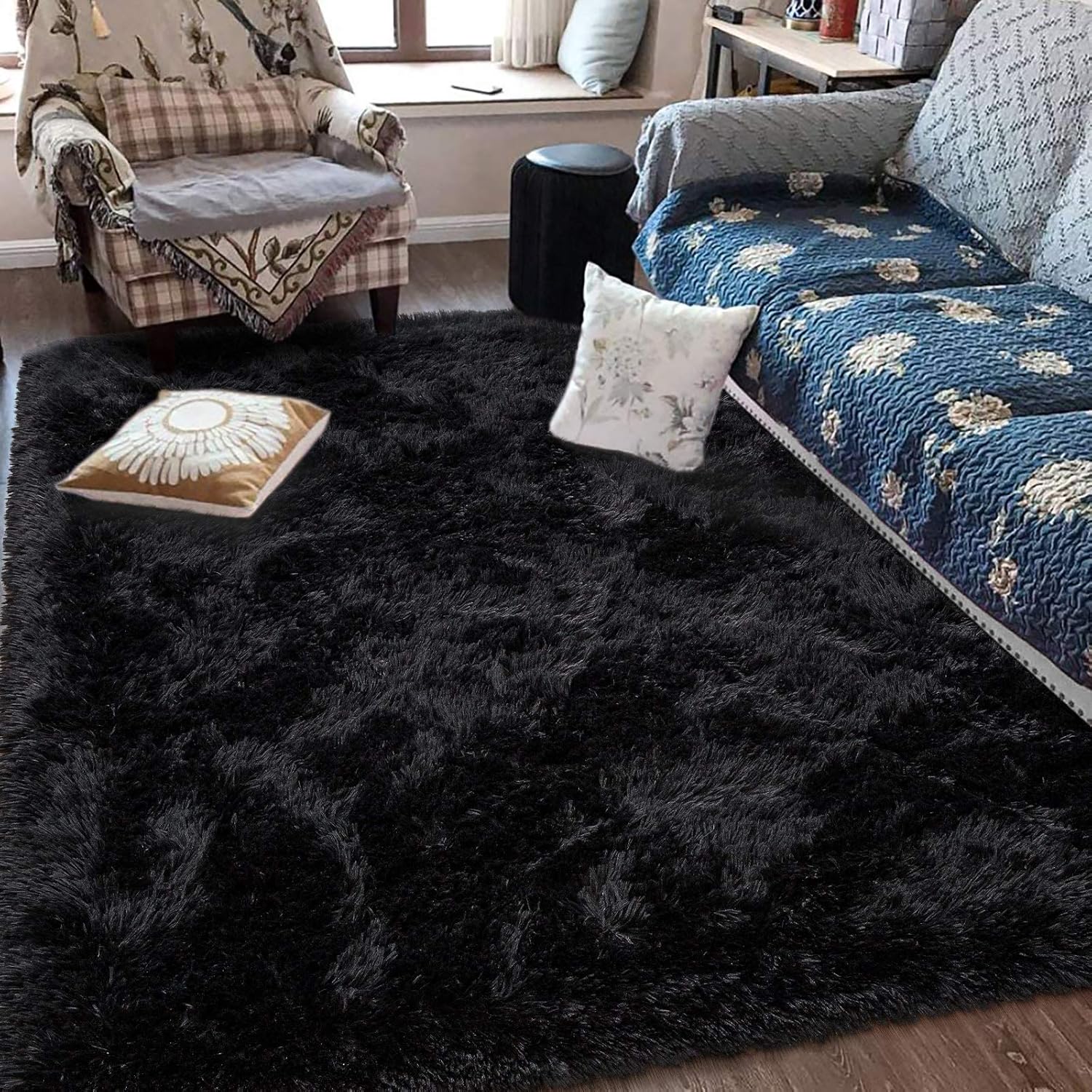 Alfombras negras ultrasuaves para dormitorio, de 7 x 10 pies, alfombras peludas para sala de estar, alfombra peluda grande y cómoda para niños,