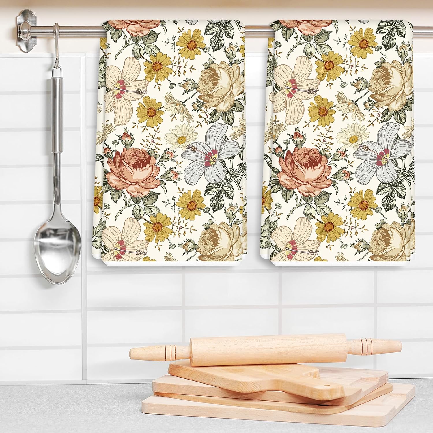 AnyDesign – Toalla de cocina floral vintage de 18 x 28 pulgadas, toalla de cocina retro con rosa y manzanilla ultra absorbente, toalla de té para