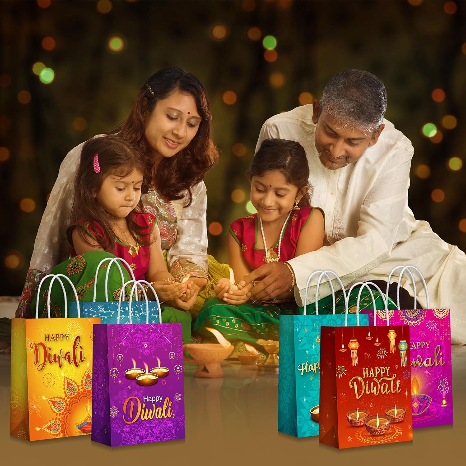 Cholemy 18 bolsas de papel Diwali Happy Diwali con asas, bolsas de regalo de fiesta Diwali, bolsas de regalo de papel de seda, bolsas de dulces