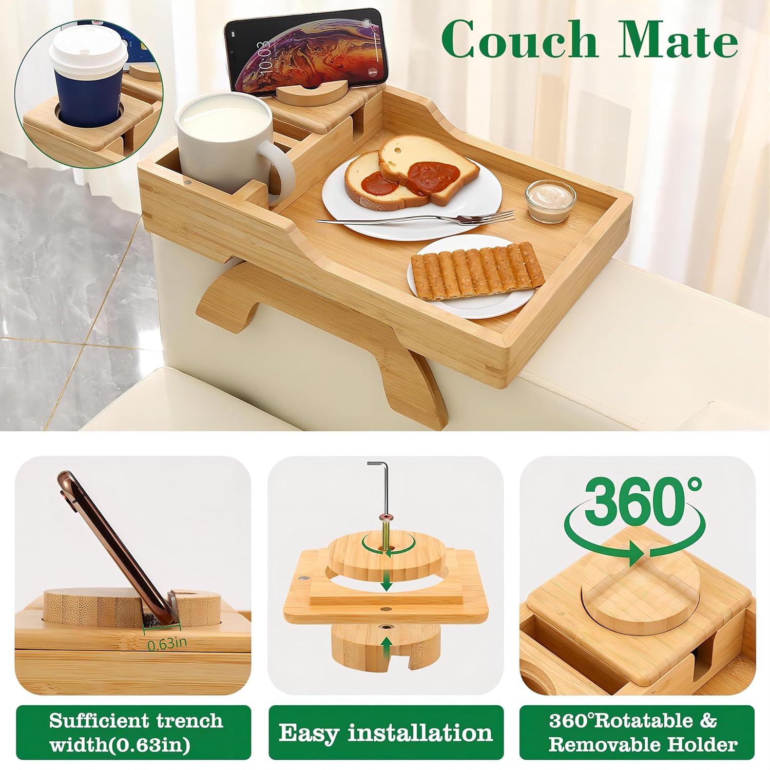 Mesa de brazo para sofá, bandejas de TV plegables multifunción con soporte giratorio de 360 para teléfono y almohadilla, bandeja de mesa de sofá