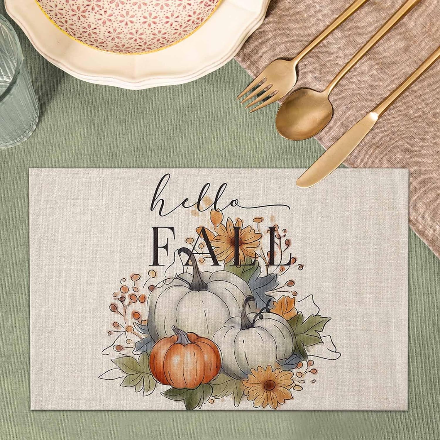 Manteles individuales para mesa de comedor, juego de 4 manteles individuales para otoño, Acción de Gracias, calabaza, flor y girasol, manteles para