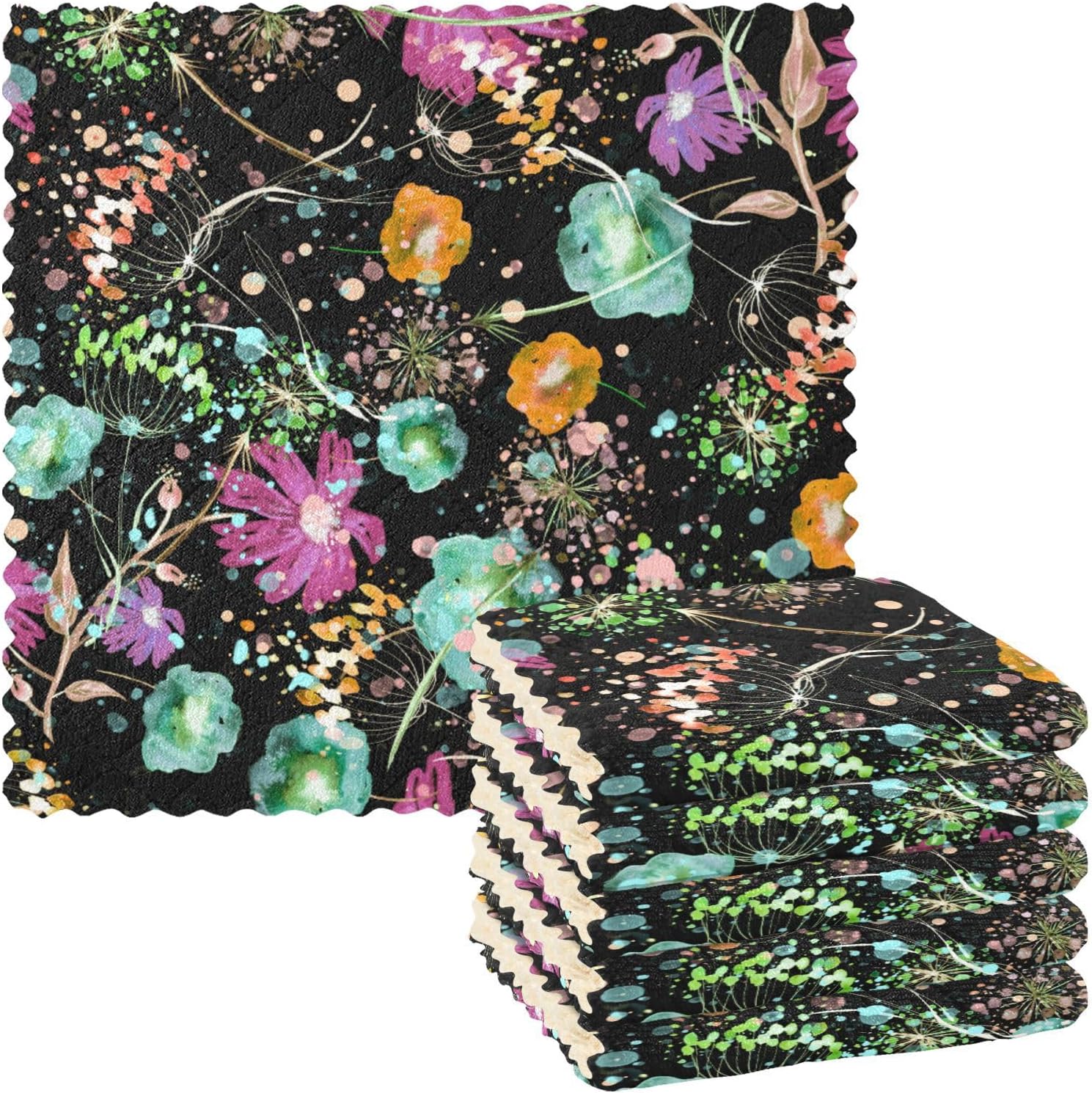 FRODOTGV Watercolor Floral Bouquet Wildflowers Cotton Print Kitchen Towels and Dishcloths Sets Fast Drying Set of 6 Microfiber Drying Towels for Car