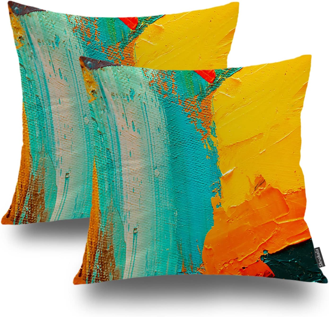 Shrahala Juego de 2 fundas de almohada decorativas con pintura al óleo moderna de color verde y azul, funda de almohada cuadrada abstracta amarilla