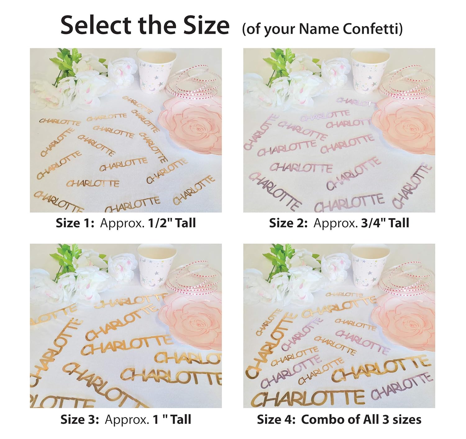JAZMIN – Name Confetti in 12 Metallic Colors. Includes Confetti Toss Mix or Girls Name Only Set #N630