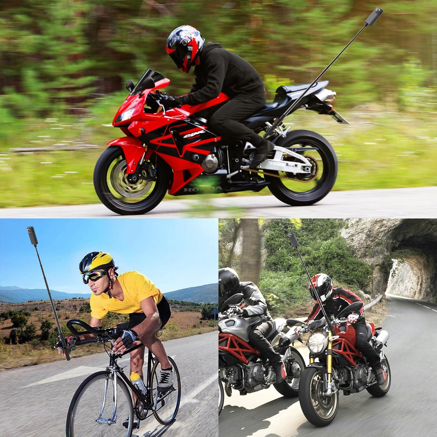 Soporte de manillar de motocicleta para Insta360, soporte de doble abrazadera con palo selfie de 46.5 in para Insta360 X3 X2 X ONE RS R, perfecto