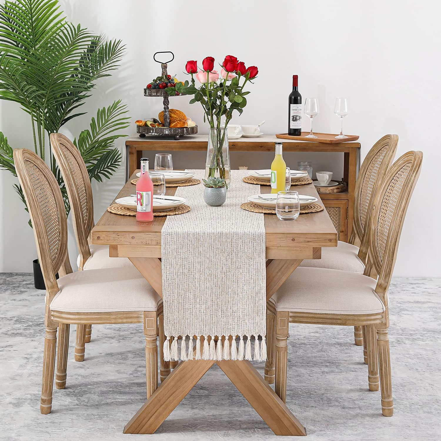 Camino de mesa rústico de estilo granja, lino de arpillera gruesa y bohemio, lavable de 108 pulgadas de largo para decoración de comedor, tocador,