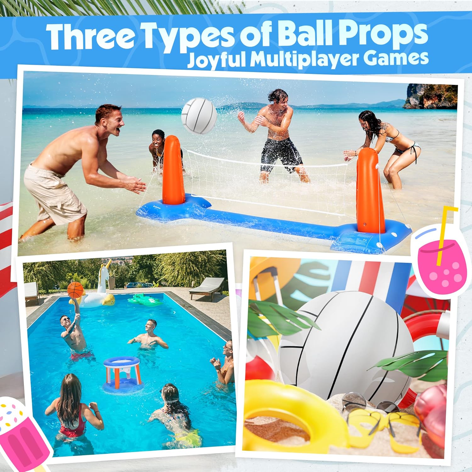 BELLOCHIDDO Juguetes de piscina  Juegos de baloncesto y voleibol para piscina, incluye red inflable de voleibol, aro de baloncesto flotante y fútbol