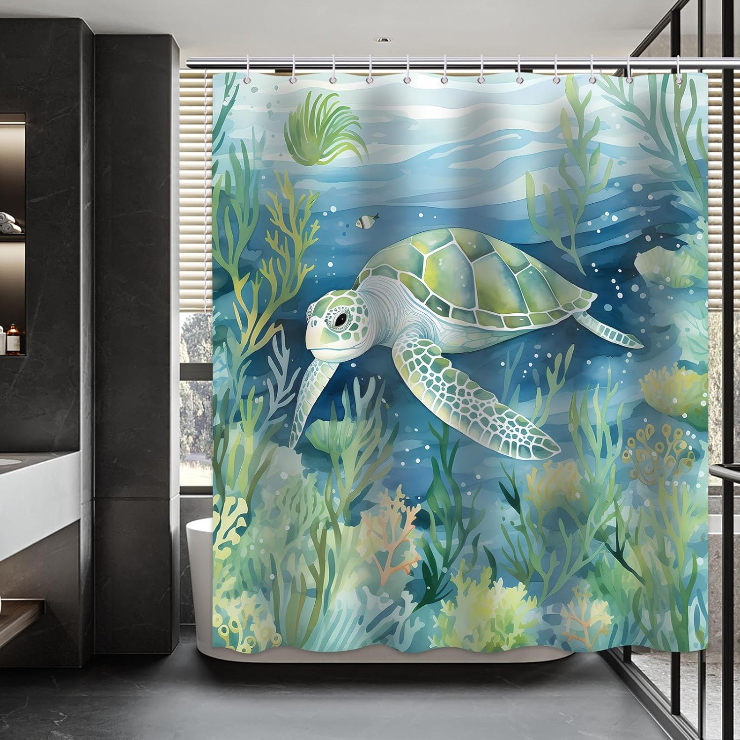 Cortina de ducha de tortuga marina, cortina de baño azul y verde azulado océano, peces bajo el agua, conchas marinas, planta acuática, juego de