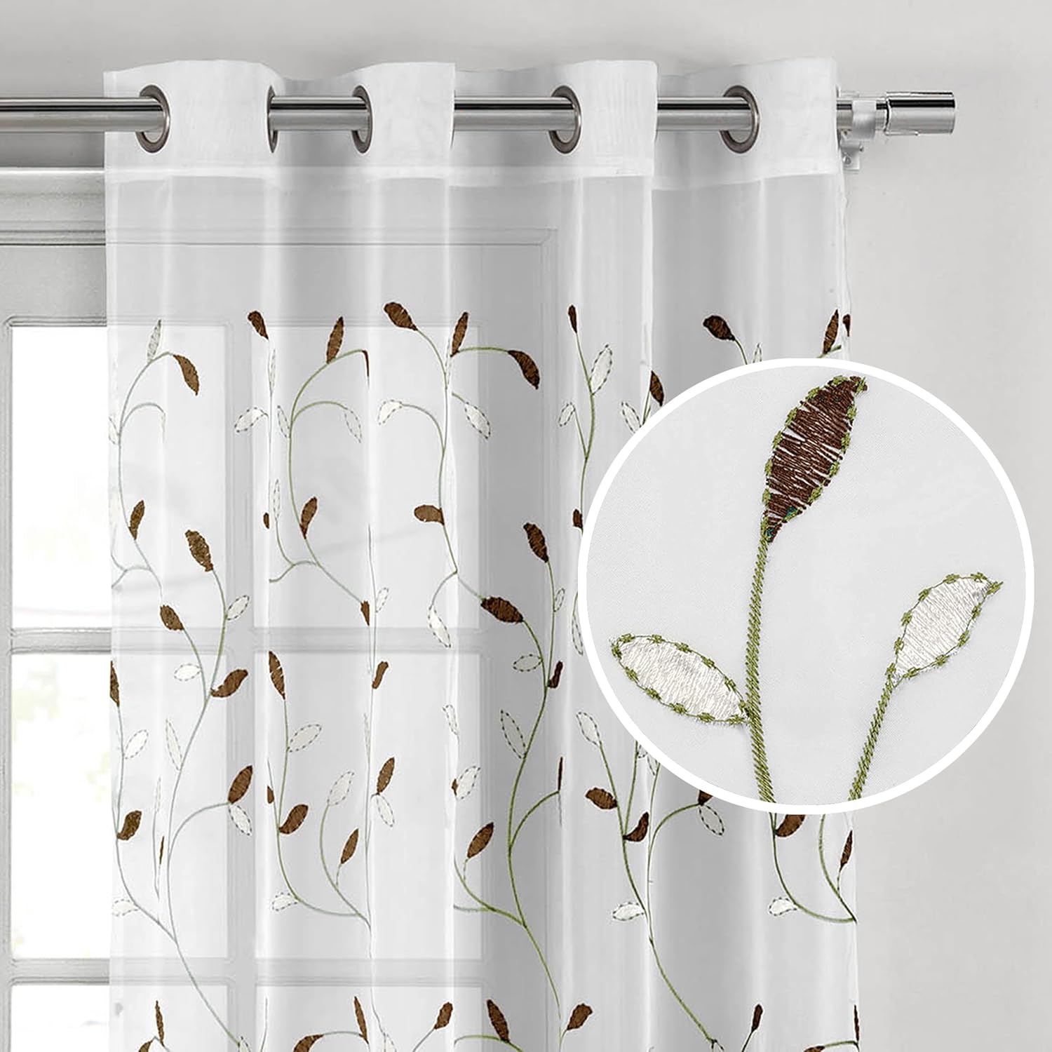 Creative Home Ideas Hojas onduladas, cortinas transparentes bordadas, incluye 1 panel de cortina de hojas, cortinas de ventana con ojales de metal,