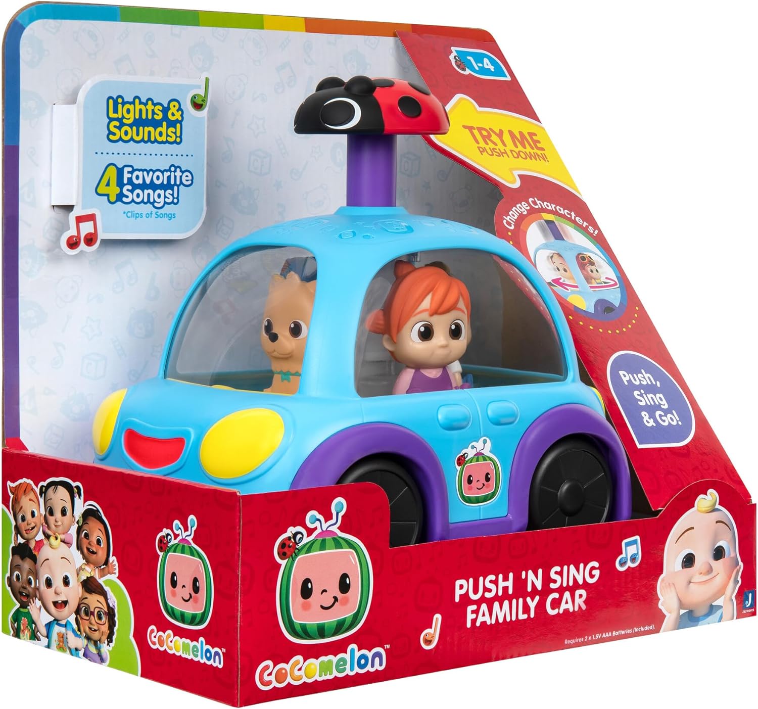 CoComelon Push ‘N Sing – Coche familiar interactivo musical iluminado, personajes favoritos de los fanáticos y clips de canción, juguetes para niños