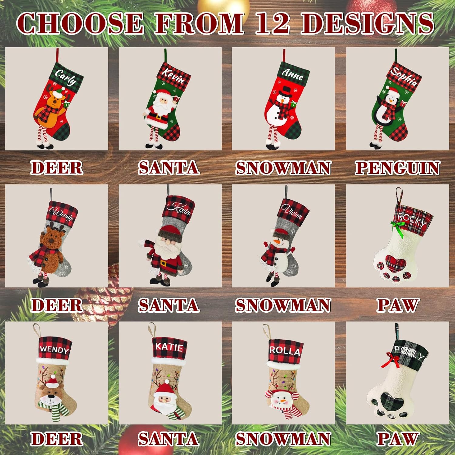 Lcyawer Medias de Navidad personalizadas con nombre, calcetín de Navidad de 18 pulgadas con ciervo, Papá Noel, muñeco de nieve, regalos de