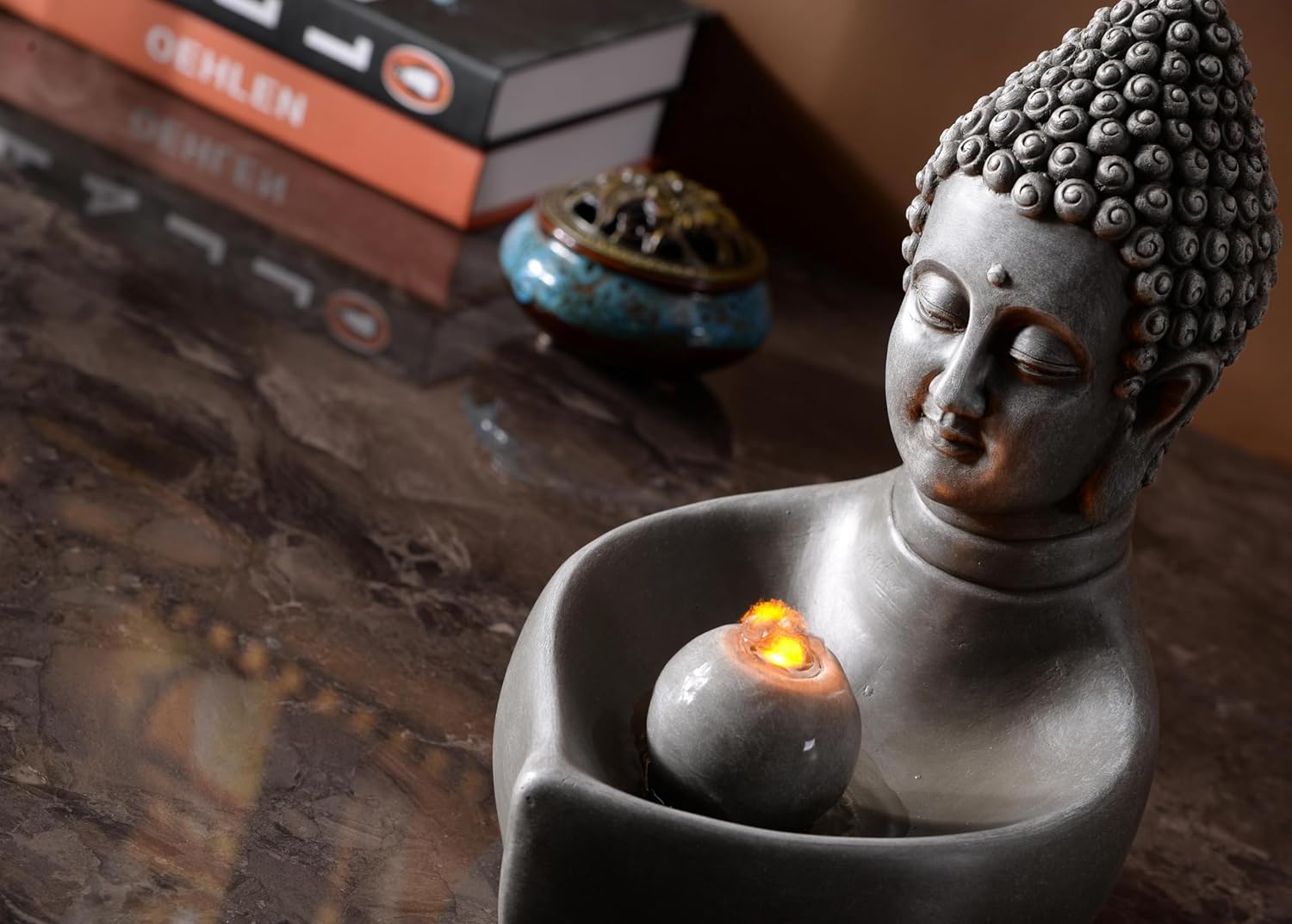 Fuente interior cascada de mesa Buda Fuente Zen Mini cascada para espacios interiores Luz LED cálida para decoración tranquila del hogar (23082)
