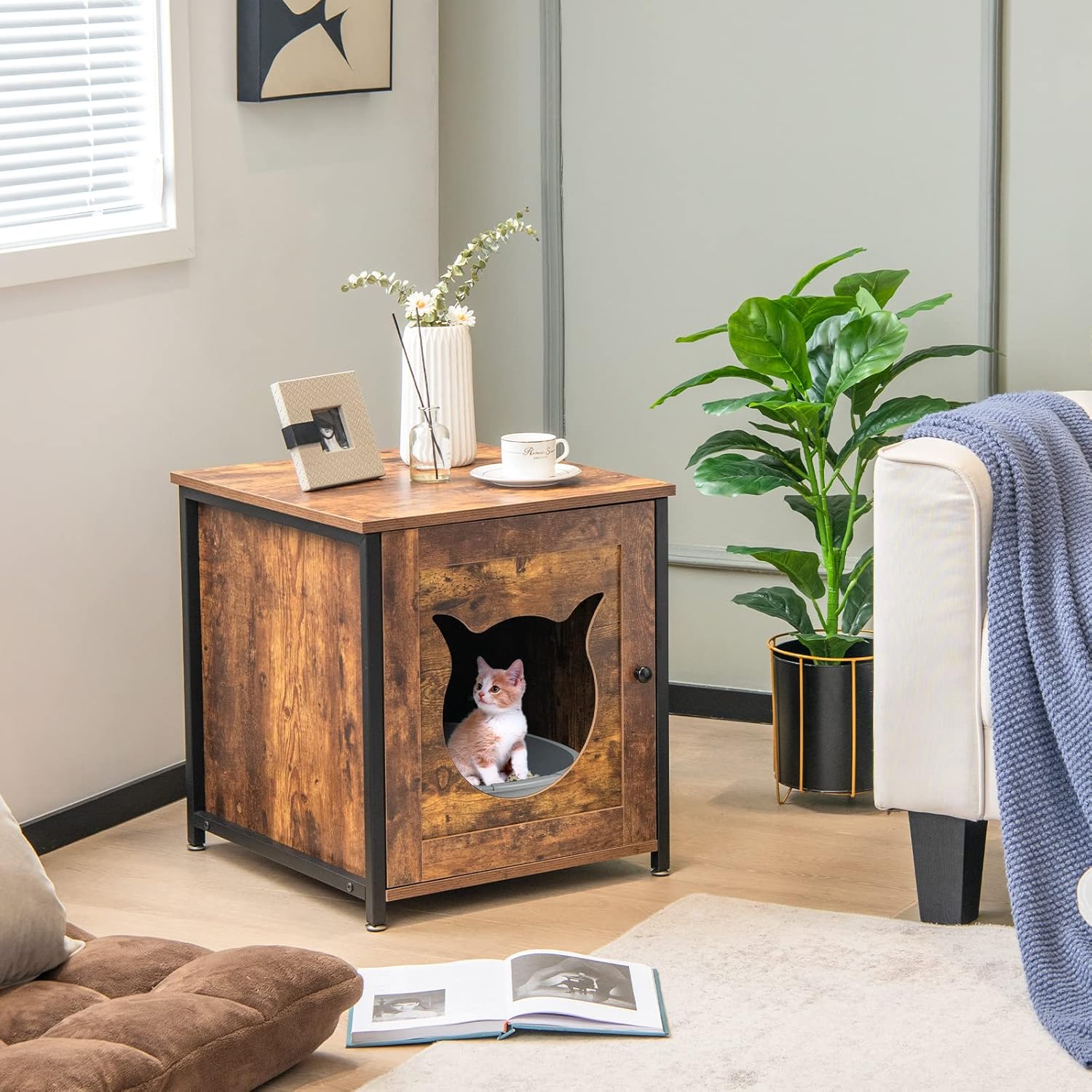 PETSITE Caja de arena, gabinete de baño para gatos con marco de metal, mesa auxiliar cerrada para gatos, mesita de noche, caja de arena oculta,