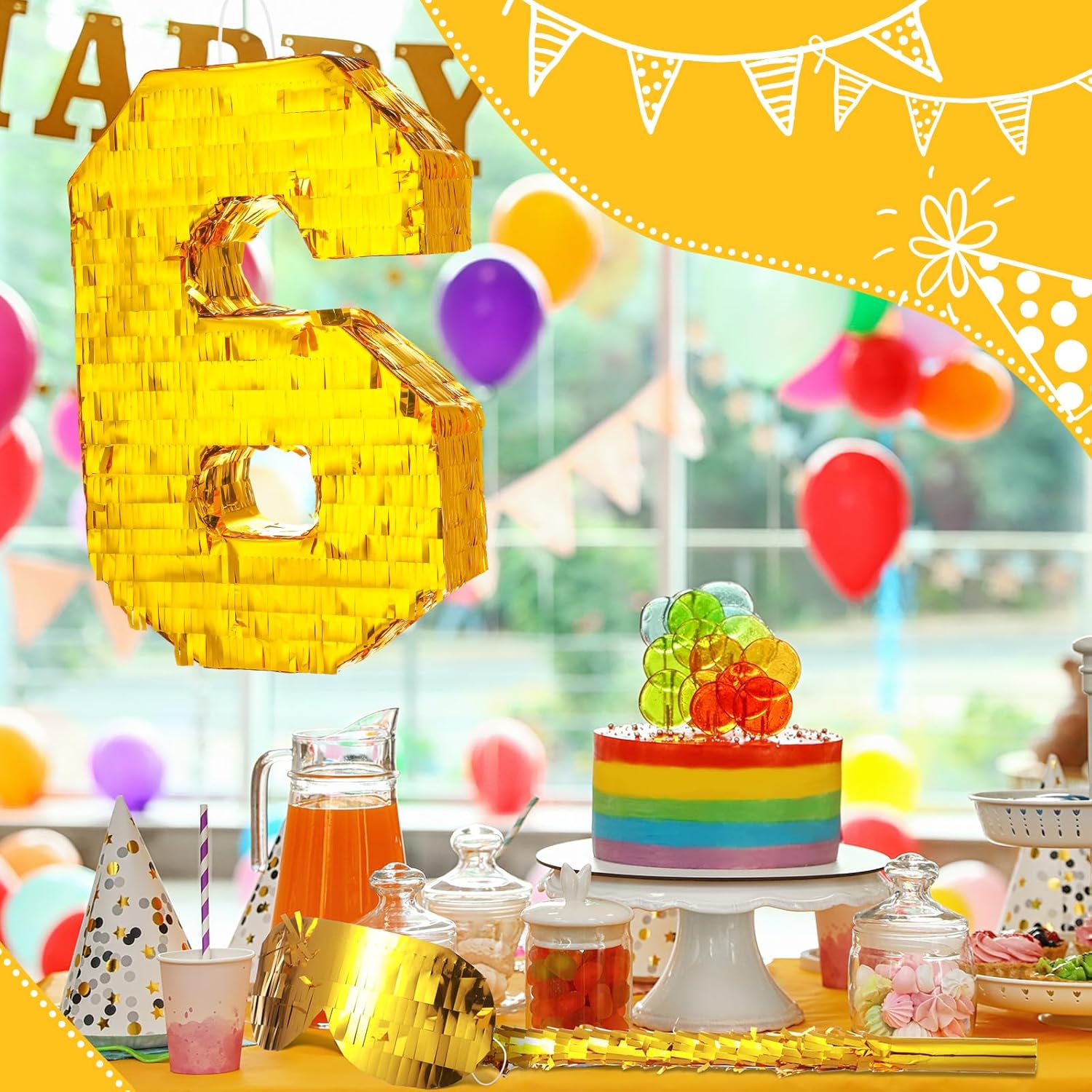 Piñata de número de lámina dorada de 16 x 11 x 3 pulgadas, piñata pequeña con palo de 15.7 pulgadas, confeti dorado para niños, niñas, decoraciones