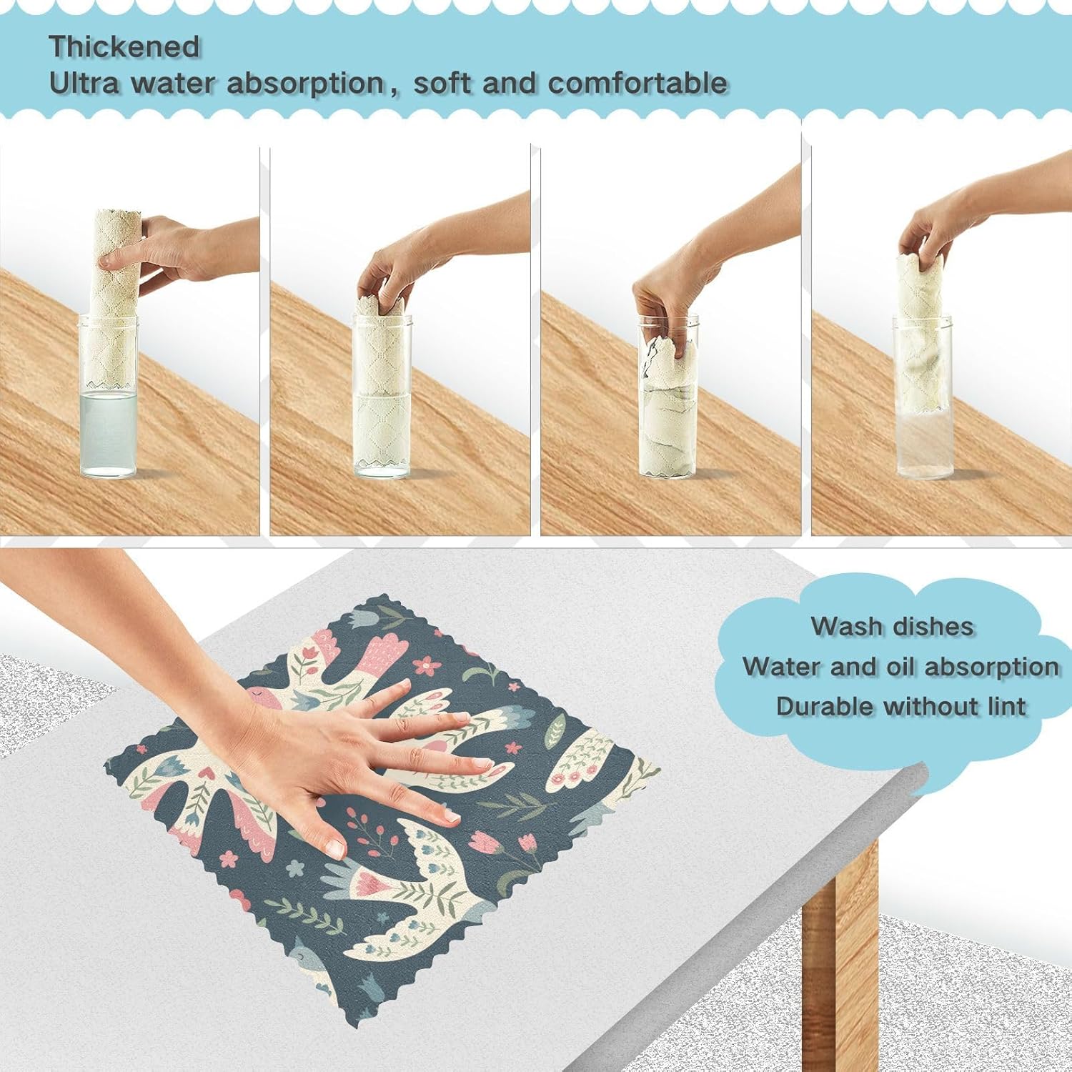 Birds Flowers Quality Print Microfiber Cleaning Cloths Quick Dry 6 Pack Microfiber Absorbant Towel for Bathroom Table