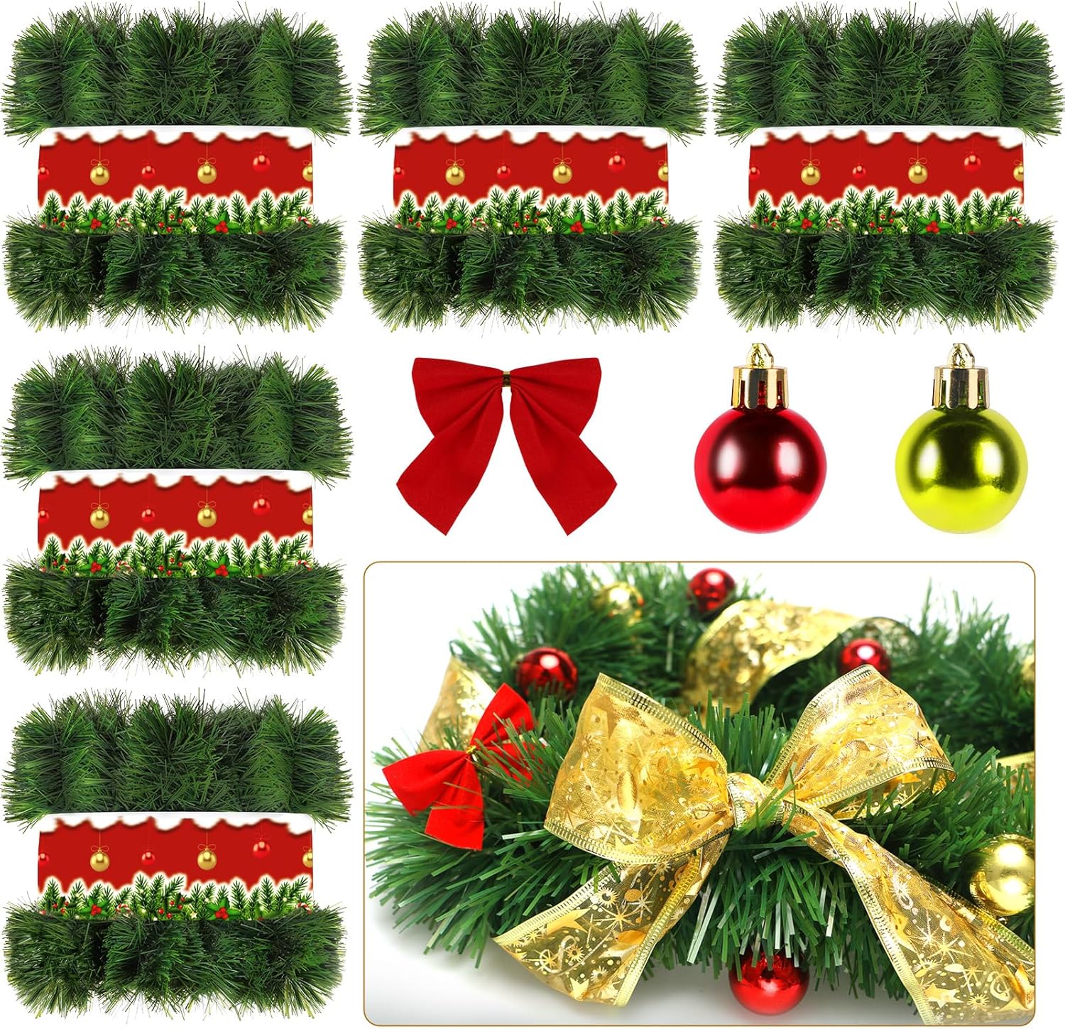 GardenNow Paquete de 5 guirnaldas de Navidad de 250 pies para decoración de Navidad, cinta de Navidad, decoración navideña para interiores y