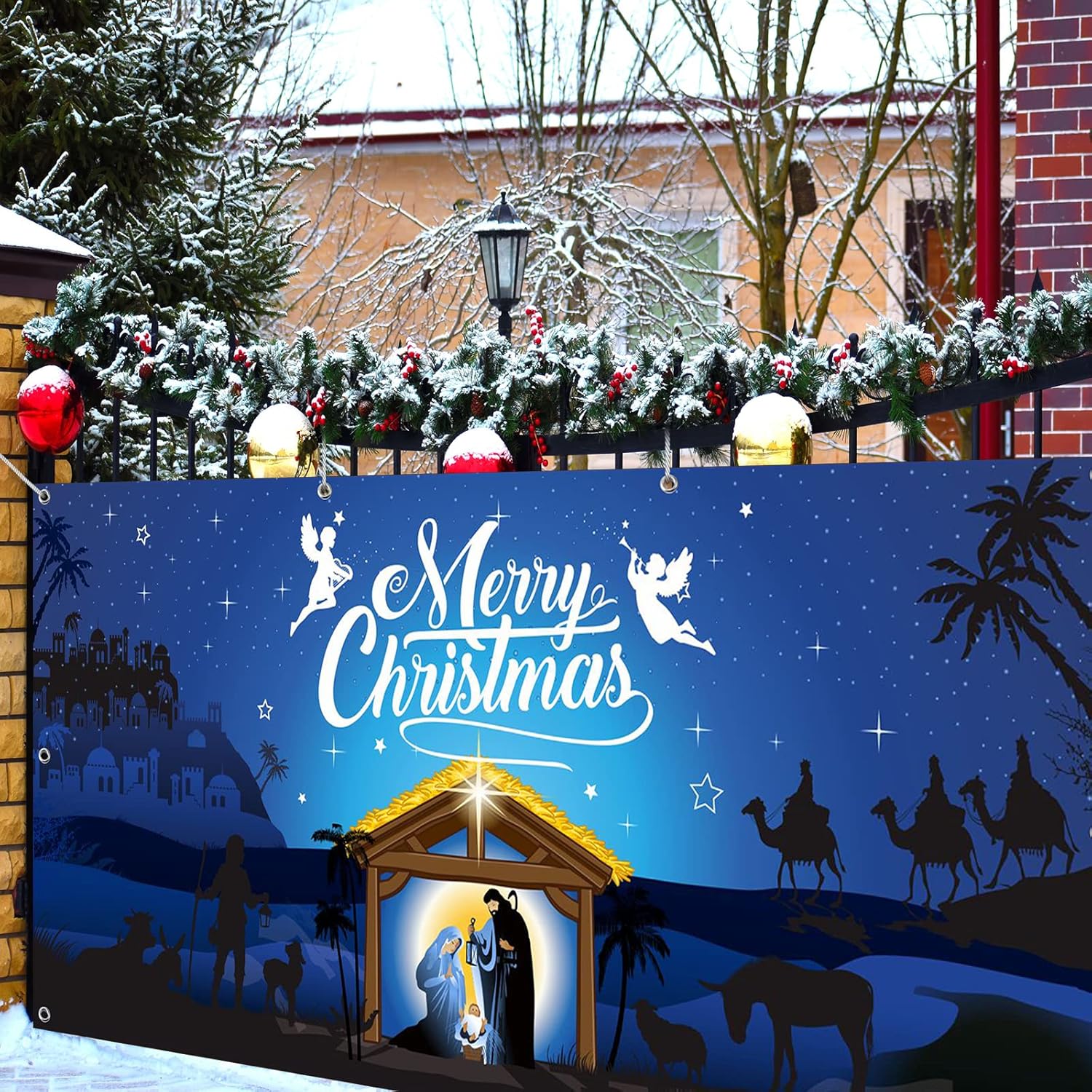 Decoración para puerta de garaje de Navidad de 6 x 13 pies, telón de fondo de tela extra grande, telón de fondo de cabina de fotos, letrero de patio