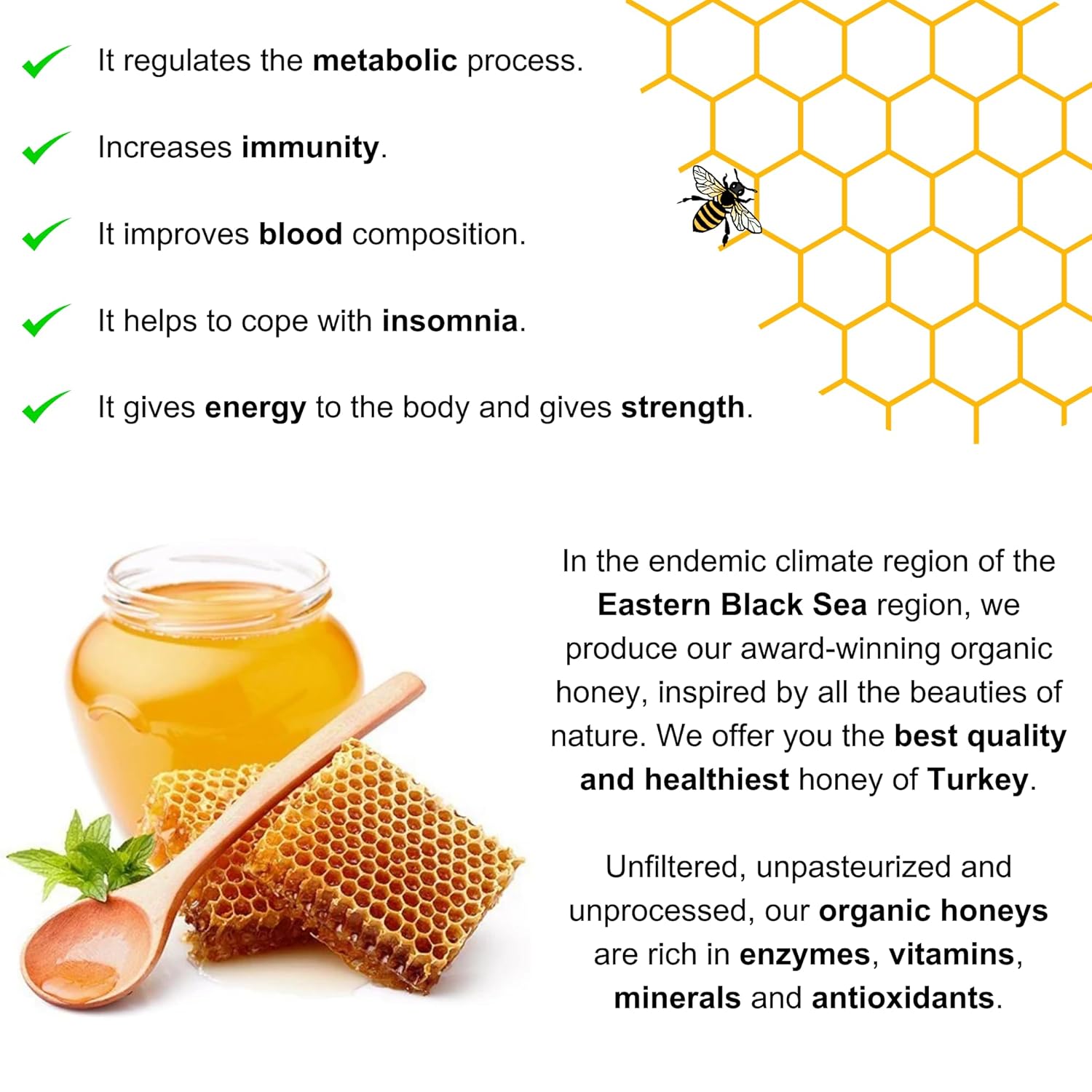 Cucer Honey Shop – Miel turca de flores silvestres 100% pura miel orgánica para aperitivos, tarro de miel natural, 35,274 onzas (2.20)