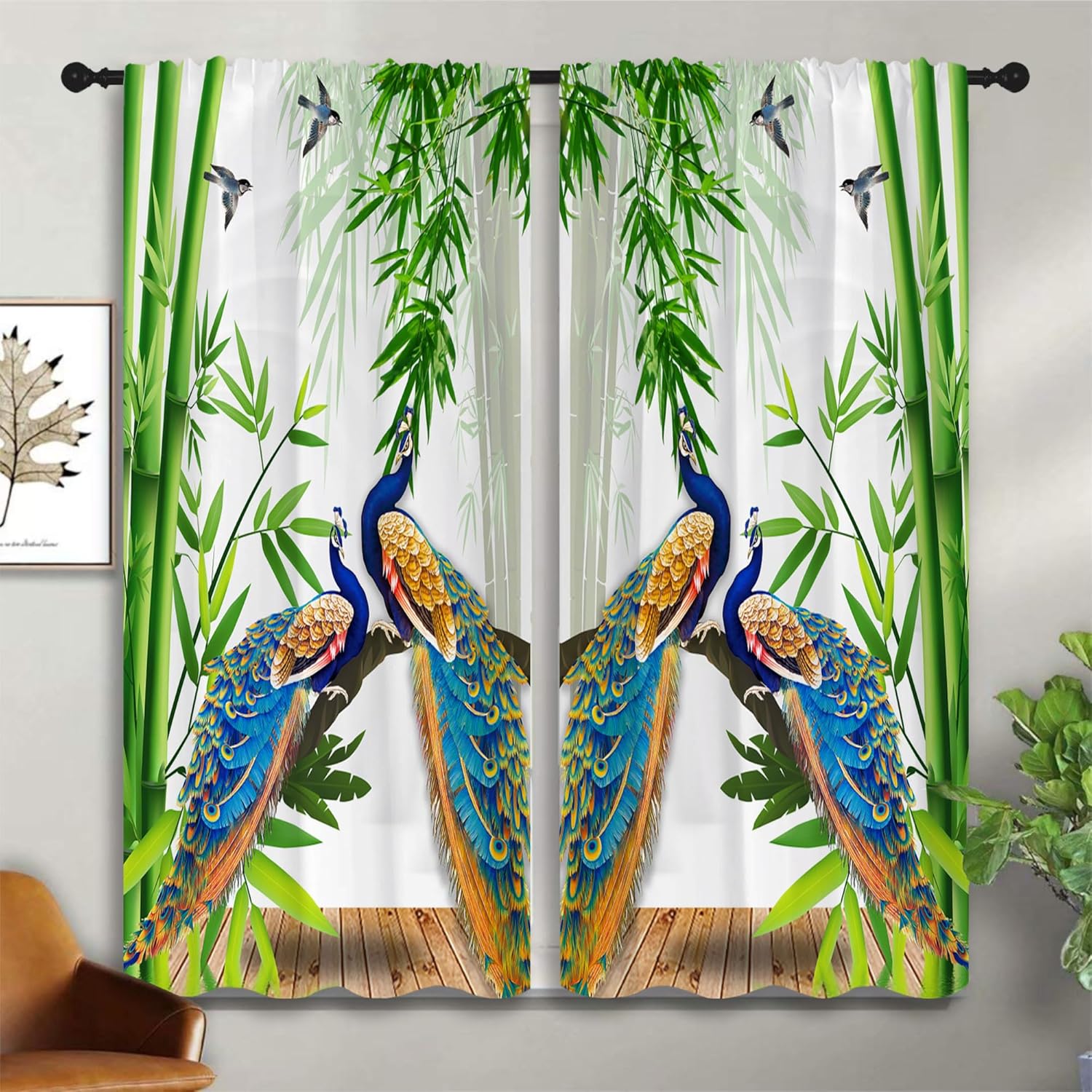 Hermosas cortinas opacas con bolsillo para barra de pavo real para dormitorio de niños y niñas, 3D, elegantes, animales, naturaleza, bosque de
