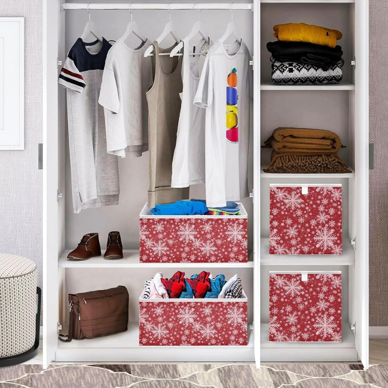 QUGRL Cubo de almacenamiento con forma de copo de nieve blanco, organizador de ropa de Feliz Navidad, caja de almacenamiento de juguetes para