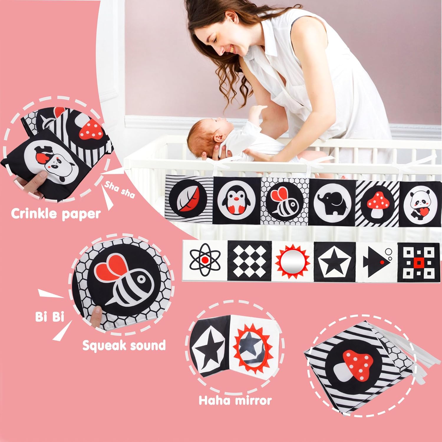 3 piezas de juguetes de asiento de automóvil, juguetes para bebés de alto contraste en blanco y negro, 0-3, 6-12 meses, juguetes Montessori para