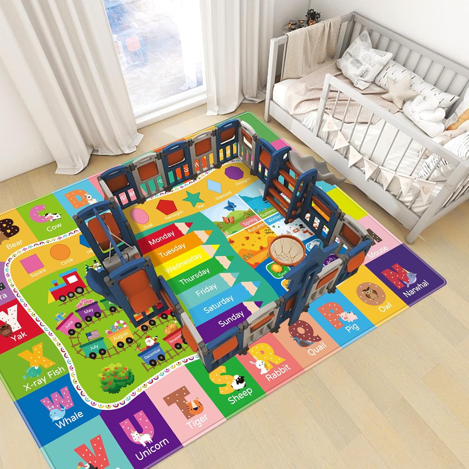 AKASISRUG Alfombra de juego para niños, colección Playtime ABC, forma, temporada, mes, semana, aprendizaje educativo para sala de juegos de niños,
