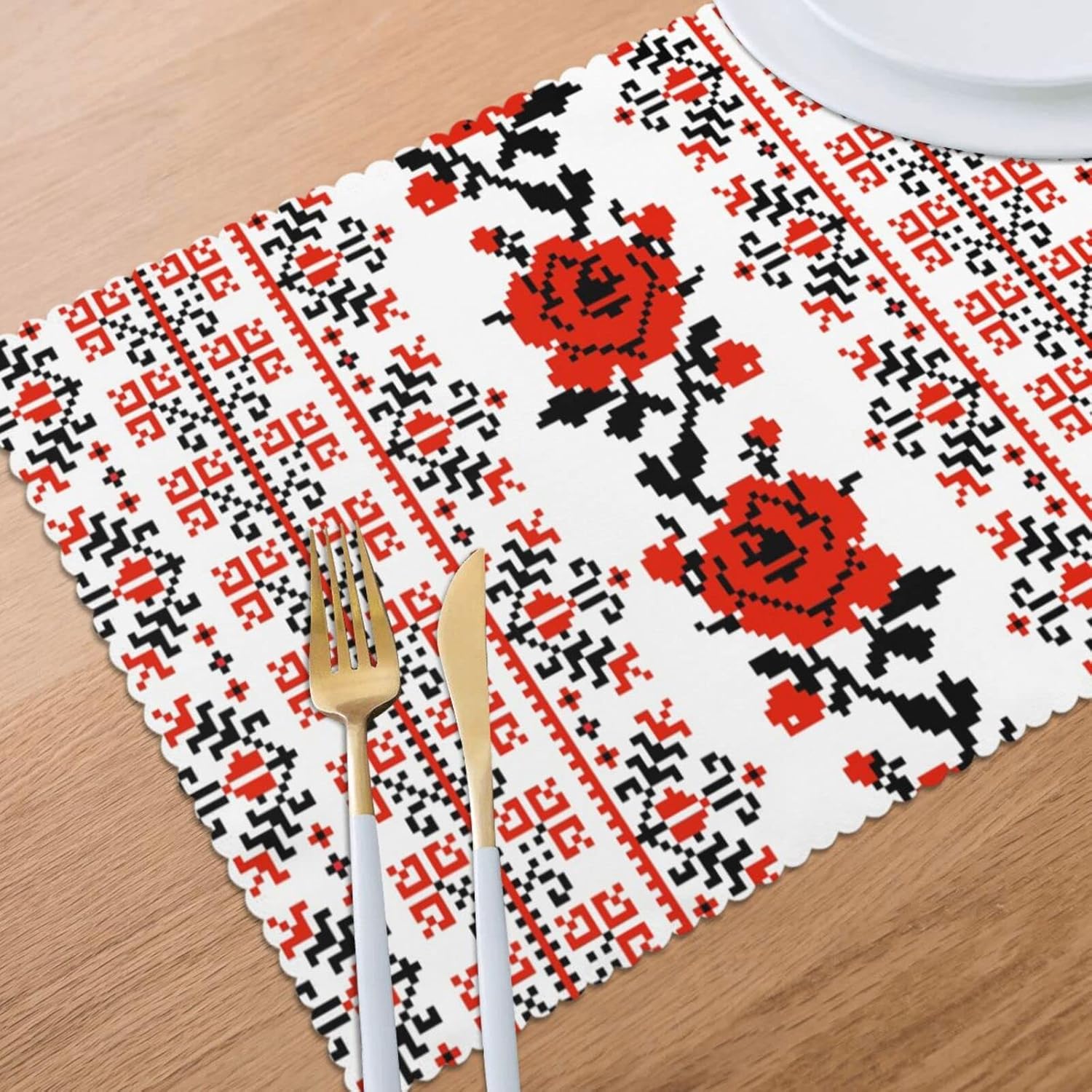 Juego de 6 manteles individuales estilo bordado ucraniano (poliéster), lavables, resistentes al calor, para comedor y cocina, 12 x 18 pulgadas.