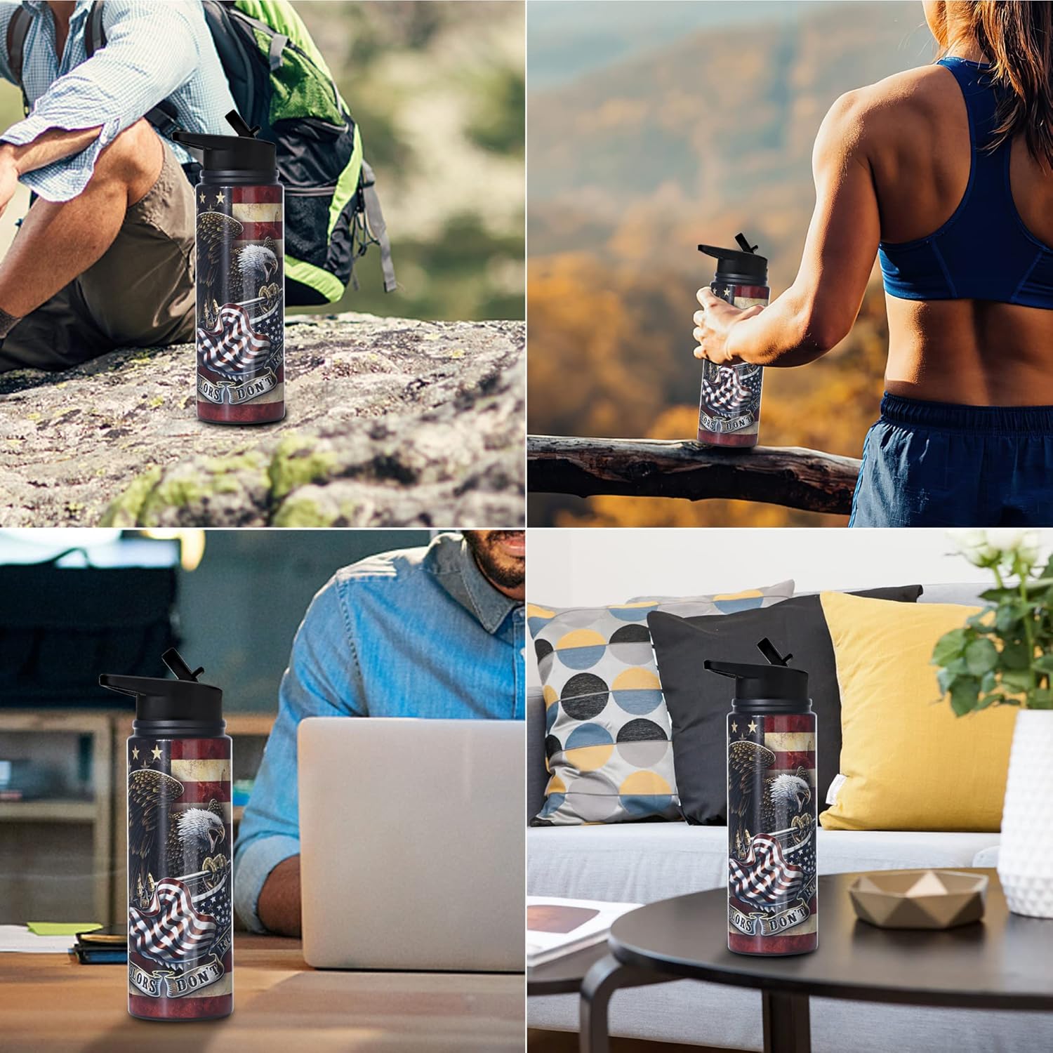 Boelia Bald Eagler – Botella de agua aislada de acero inoxidable con popote aislado al vacío para mantener el calor y el frío, sin bisfenol A, 24