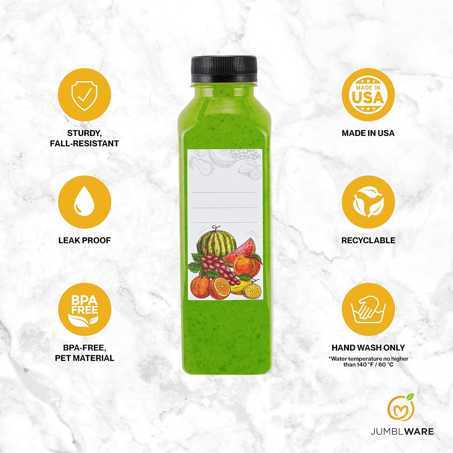 JumblWare Juego de 40 botellas reutilizables de jugo de plástico transparente de 16 onzas con embudo, cepillo de limpieza y etiquetas para el