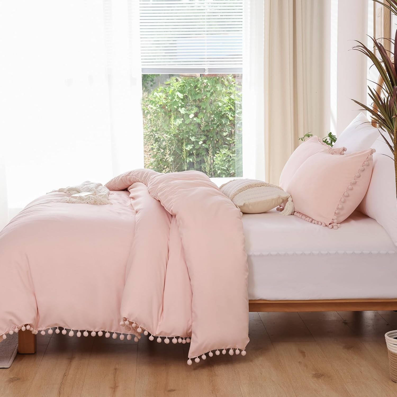 YIRDDEO Juego de edredón de 3 piezas con diseño de flecos de pompones, juego de ropa de cama matrimonial lujoso y bohemio estético, juego de edredón