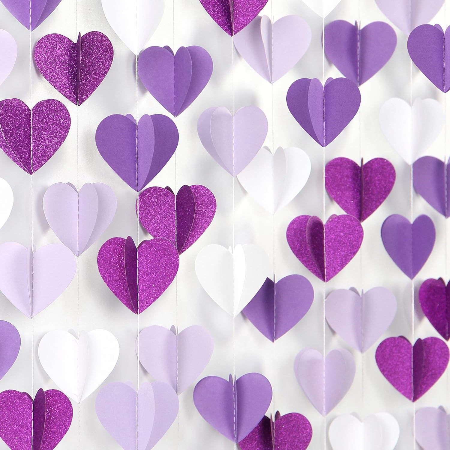 Guirnalda de corazones para decoración de fiesta de lavanda blanca y morada, 39 pies, suministros de cumpleaños 3D para mujeres y niñas, pancarta de