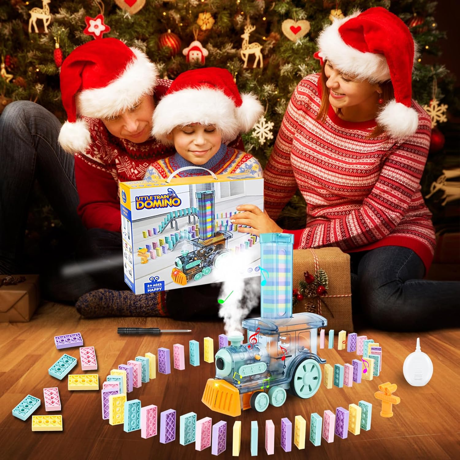 Neragron Juego de juguetes de tren de dominó para niños, 80 piezas de bloques de dominó de tren eléctrico con vapor, luces y música, juguete