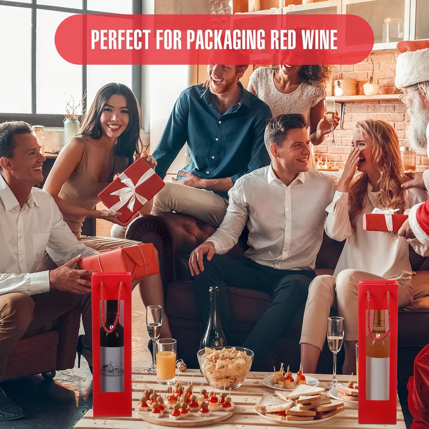 Paquete de 100 bolsas de vino tinto para botellas de vino, bolsas de regalo de vino a granel con asas de ventana de 3.5 x 3.7 x 13.6 pulgadas,