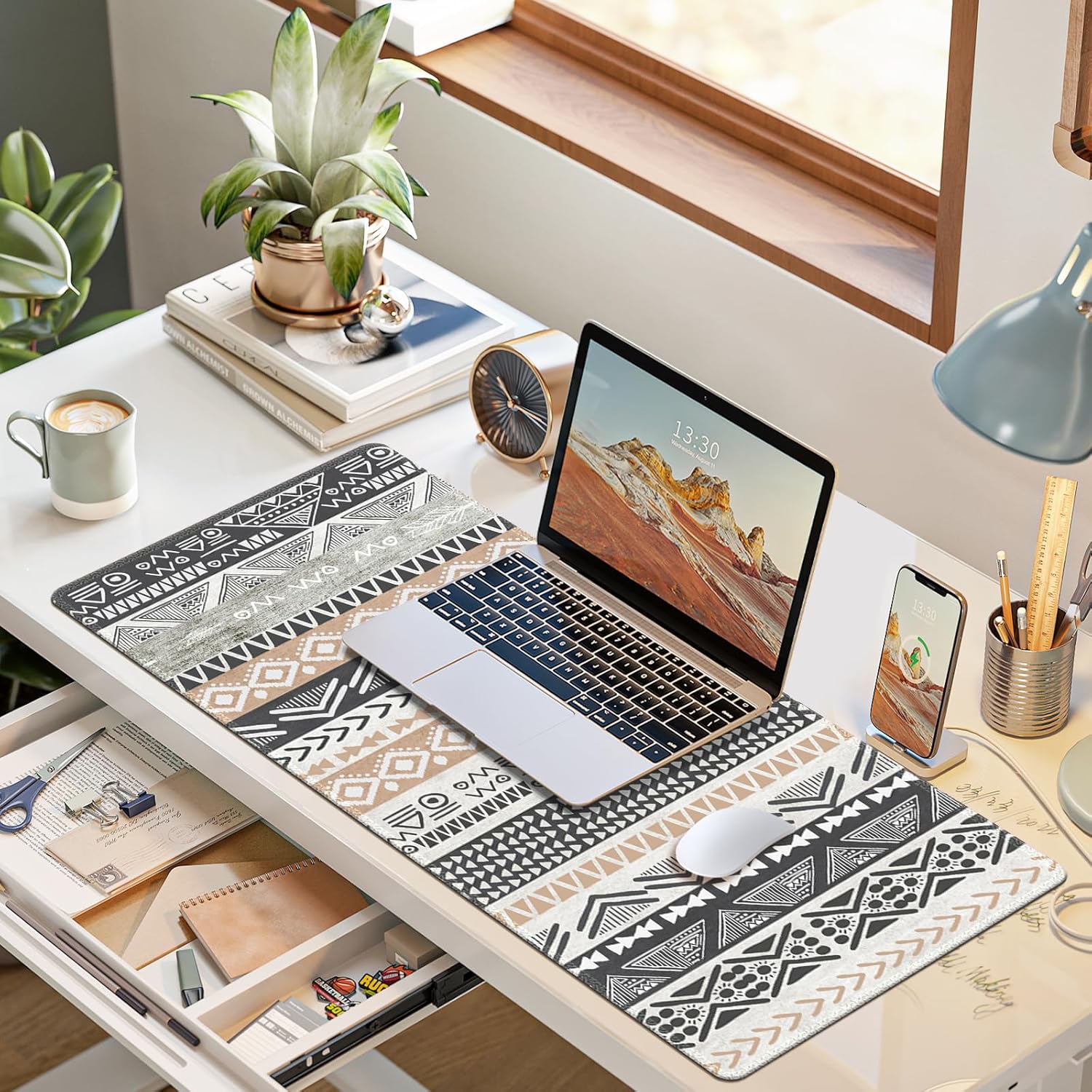 iLeadon Tapete de escritorio, tapete grande bohemio para mouse para escritorio, alfombrilla de teclado extendida XXL, alfombrilla de mouse para